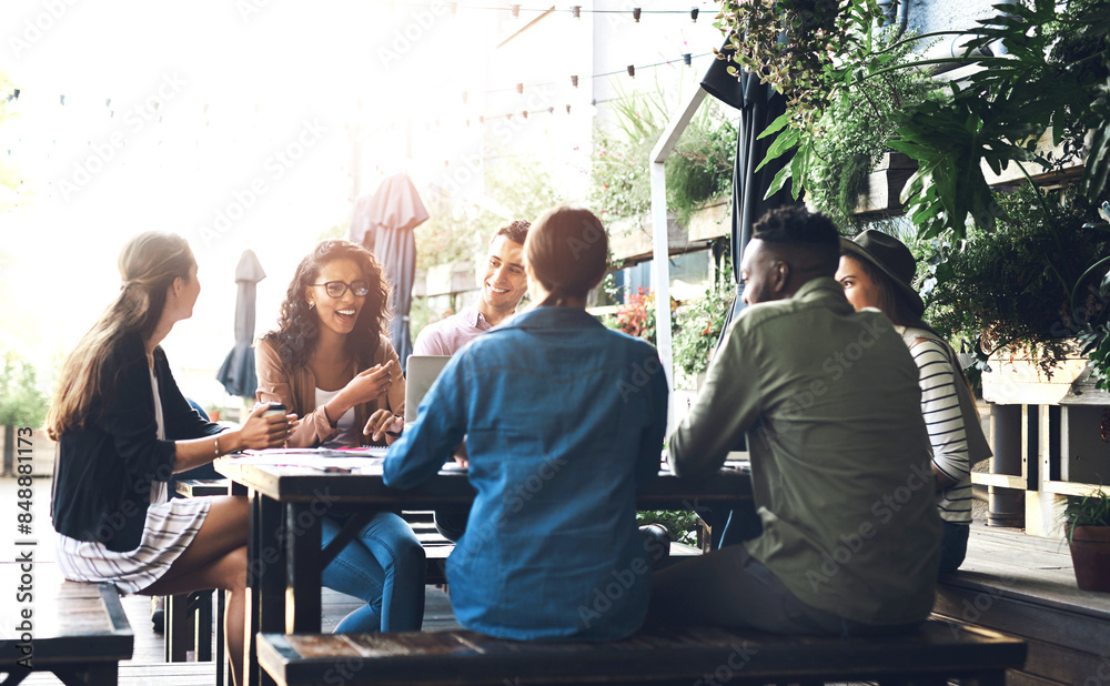 Poster business people, discussion and meeting with team at cafe for collaboration, ideas or conversation. 