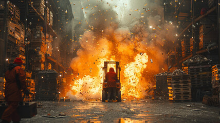 Overweight man with neckbeard falls from a forklift truck into a stack of pallets and causes an accident, broken palletts, forklift destroyed,generative ai