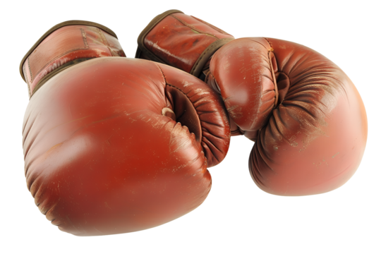 Red boxing gloves, isolated on transparent background. Sport professional equipment in combat sport with punching and blocking