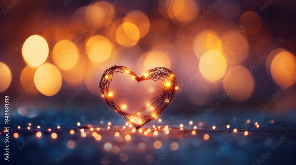 Poster a heart-shaped bokeh effect created by photographing fairy lights or candlelight, with a soft, diffu