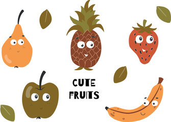 Cute kids fruits maskots. Summer vector funny characters. Flat illustrations on isolated background.