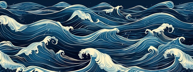 Fototapeta premium Pattern of stylized waves rolling across the surface of the ocean.