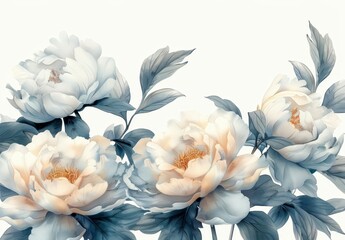 Elegant Illustration of White and Pale Blue Peonies with Green Leaves on a Light Background, Highlighting a Delicate and Artistic Floral Design