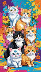 Fototapeta premium Adorable watercolor portrait pictures of colorful cartoon kittens.