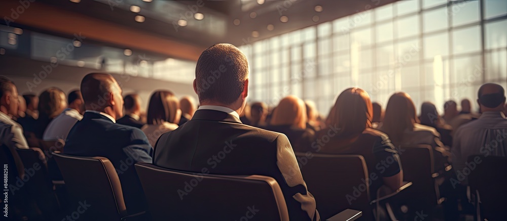 Wall mural Attendees focus on the speaker in the conference hall with a copy space image