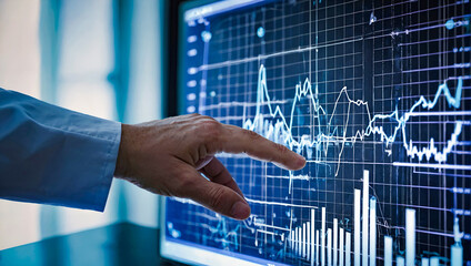 Doctor analyzing data growth chart for health and medicine business in a blue-toned hospital setting