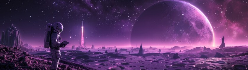 Fototapeta premium A space scene with a large planet and a rocket