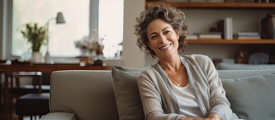 Middle aged woman smiling at home while relaxing on her couch in the sitting room creating a lovely portrait with copy space image