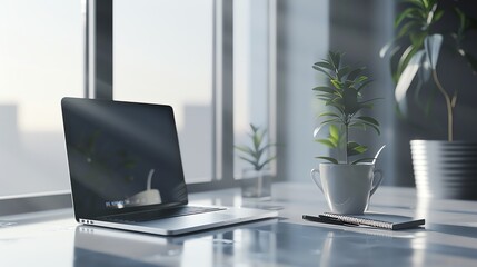 Fototapeta premium A high-resolution image of a modern office workspace with a sleek laptop, a stylish cup of coffee, a potted plant, and a notebook with a pen