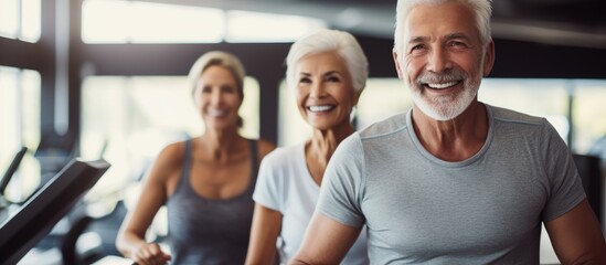 Fit retired couple exercising on a stepper at the gym with a trainer overseeing Cardio workout for older adults to maintain fitness Active senior couple with copy space image
