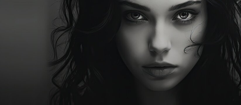 Portrait of a young woman with a beautiful black and white face there is empty space available for text or other elements within the image. Copy space image. Place for adding text and design