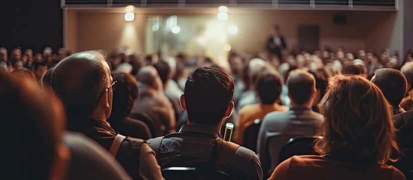 A conference photo showing an audience watching a speaker give a speech with copy space image