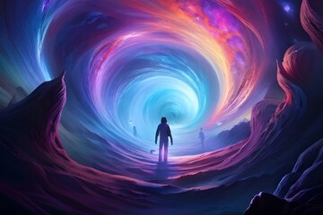 Fototapeta premium figures appear in a swirling vortex of colors, evoking a surreal and fantastical auditory hallucination. - visual and auditory hallucinations