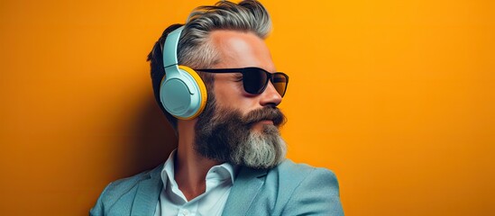 Bearded man looking stylish with headphones enjoying music copy space image