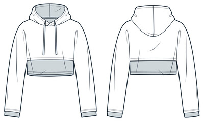  Cropped Hoodie technical fashion illustration. Sweatshirt fashion flat technical drawing template, hood, relaxed fit, front and back view, whit and grey, women, men, unisex Top CAD mockup.