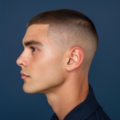 Naklejka premium A closeup of a man's high and tight buzz cut, showing the uniform length and clean edges against a solid navy background.
