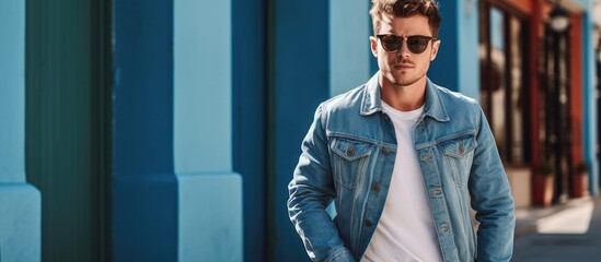 A fashionable man in a denim jacket poses stylishly on the street showcasing men s fashion with a copy space image