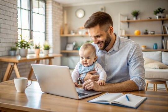 A young father multitasking, working on a laptop while holding his baby, with a home office in the background.
