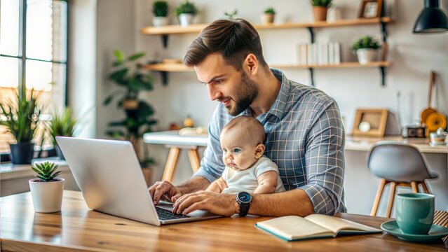 A young father multitasking, working on a laptop while holding his baby, with a home office in the background.
