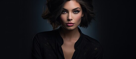 Portrait of a stylish young woman against a dark backdrop featuring professional makeup shot in a studio with glamorous details and a close up view Plenty of copy space image is available