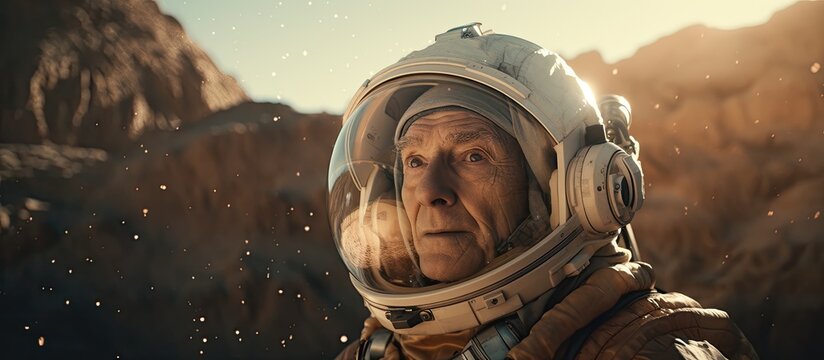 A cinematic portrayal of an elderly astronaut returning home resembling a grandmother in a retro space suit in a fictional depiction of space exploration and science with a captivating copy space imag - Powered by Adobe
