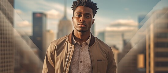 Portrait of a stylish young African American man in an urban setting on a summer day with a cityscape background offering ample copy space image