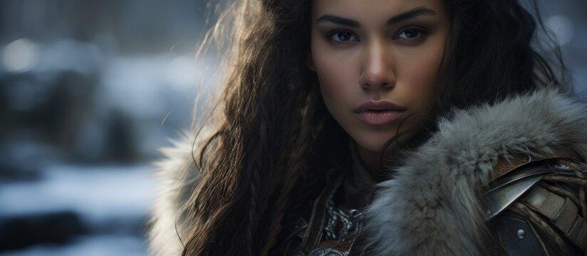 A fantasy warrior woman in armor and fur equipped with a sword scabbard is poised for battle in a fantasy themed image with copy space