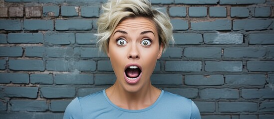 Blonde female comedian performing against a blue grey brick wall holding a microphone and showing various facial expressions in the copy space image - Powered by Adobe