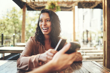 Woman, smartphone and payment in restaurant with pos terminal for customer and waitress service....