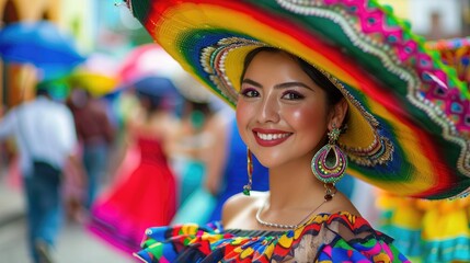Fototapeta premium Vivid photo of a Mexican dark skinned woman in traditional attire, wearing big earrings and colorful sombrero