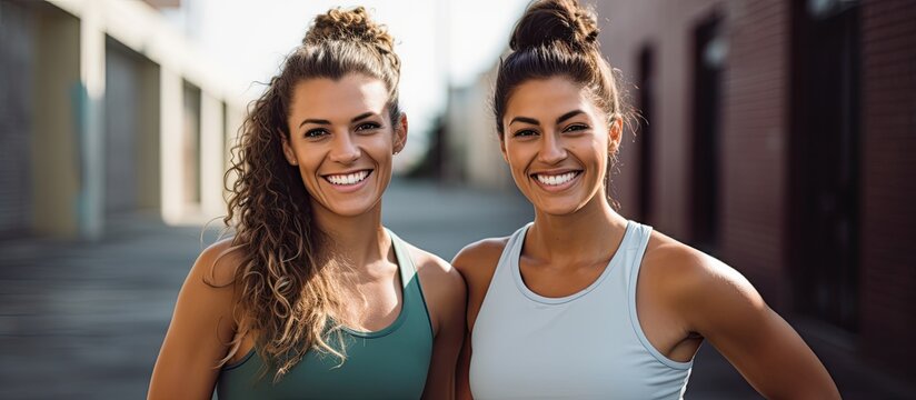 Two young women displaying fitness and healthy living pose happily in workout attire in front of a copy space image