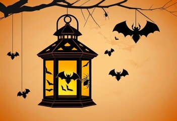 A black lantern with spider webs, spiders, rats, and bats surrounding it on a dark background.