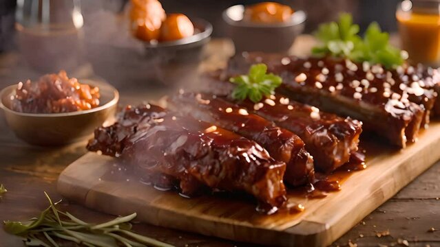 Glazed Pork Ribs on Wooden Cutting Board Generative AI