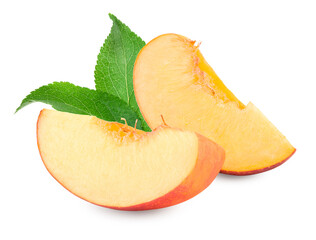 cut of peach fruit with green leaves isolated on white background. clipping path