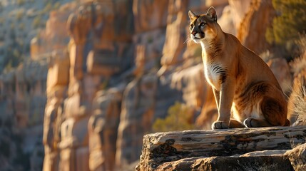 Regal Mountain Lion Perched on Rocky Ledge Overlooking Canyon Scenic Landscape