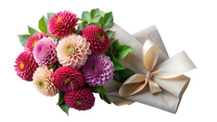 a beautiful bouquet of dahlias in varying shades of pink, red, and purple