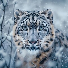 Majestic Snow Leopard Blending into Snowy Landscape  Piercing Gaze Alerting of Its Presence in the Wild