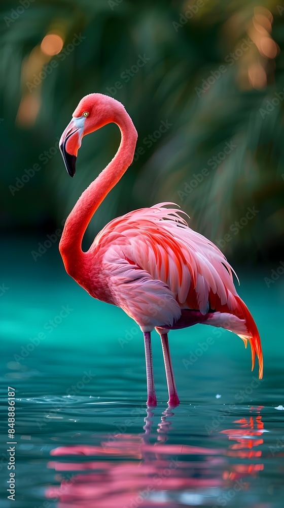 Sticker Vibrant Flamingo Standing in Serene Tropical Lagoon with Reflections