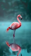 Fototapeta premium Vibrant Flamingo Standing on One Leg in Serene Lagoon Wildlife Portrait