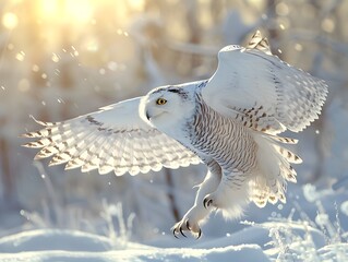 Majestic Snow Owl Soaring in Snowy Landscape Wildlife Portrait Concept