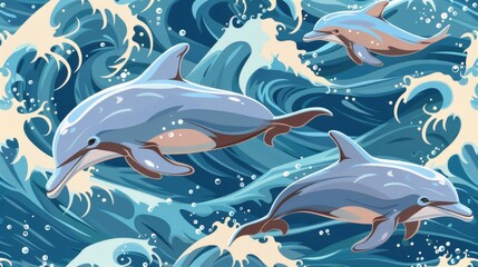 Pattern of playful dolphins swimming in ocean waves.