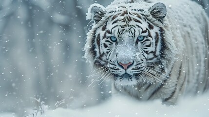 Regal White Tiger Standing Powerfully in Snowy Wilderness  Piercing Blue Eyes Radiating Majestic Presence