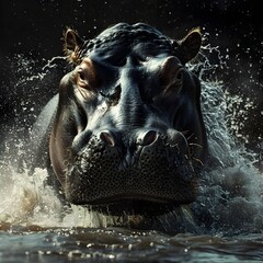 Powerful Hippo Emerging from River Dripping in Water and Wildlife Portrait