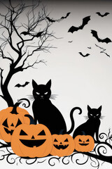 Halloween background with spooky silhouettes of bats, black cats and pumpkins.