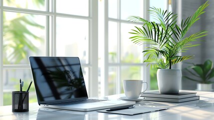 A high-resolution image of a modern office workspace with a sleek laptop, a stylish cup of coffee, a potted plant, and a notebook with a pen