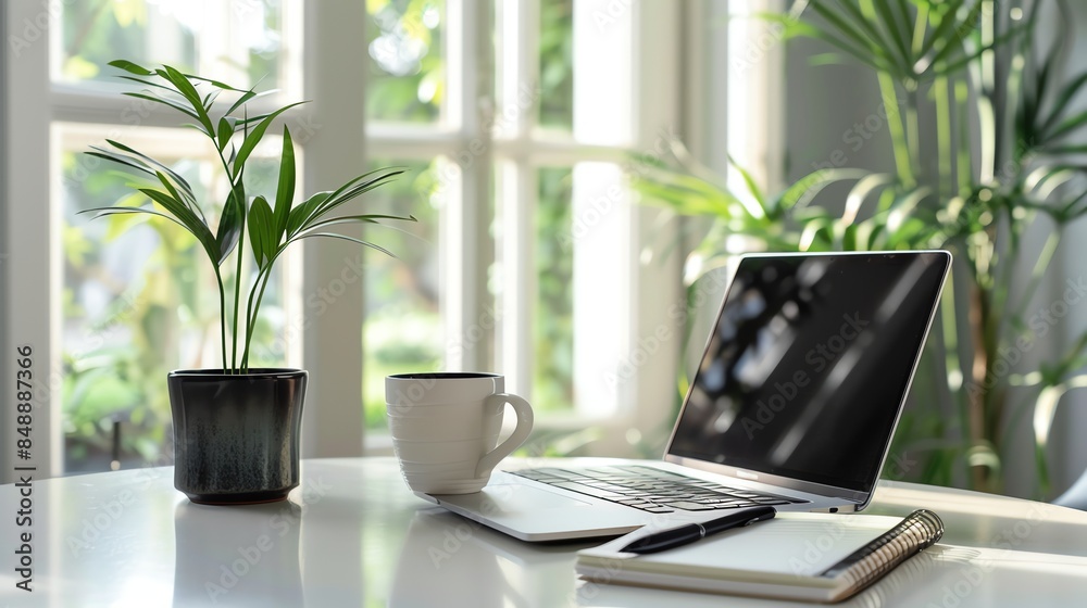 Wall mural A high-resolution image of a modern office workspace with a sleek laptop, a stylish cup of coffee, a potted plant, and a notebook with a pen