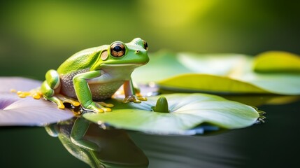 Obraz premium vibrant green frog perched on a lily pad, its large eyes reflecting the surrounding greenery, with a soft, diffused bokeh effect that creates a sense of depth and dimension.
