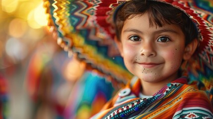  Vivid photo of a Mexican little boy in traditional attire, wearing a colorful sombrero