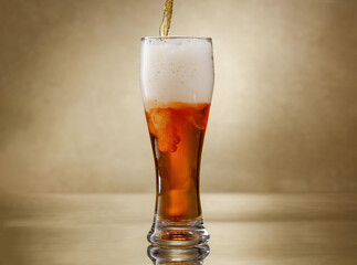 Amber Beer. Glass of fresh and cold beer. Pouring craft beer.  Shallow depth of field