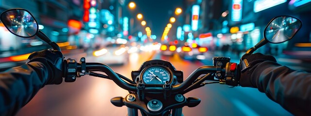 Nighttime POV of Motorcyclist Navigating Brightly Lit City Streets